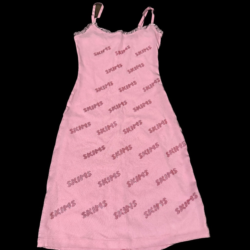 SKIMS Rhinestone Logo Pointelle Mini Slip Dress in Bubble Gum Pink Size XXS